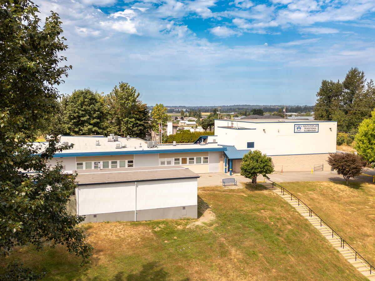 Exterior image of elementary school with blue sky in the background, stairs going down a hill and green leaves on a tree positioned to the left of the image.
